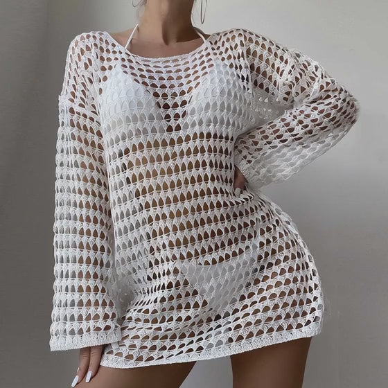 Sexy Knit Hollow Round Neck Beach Dress Women